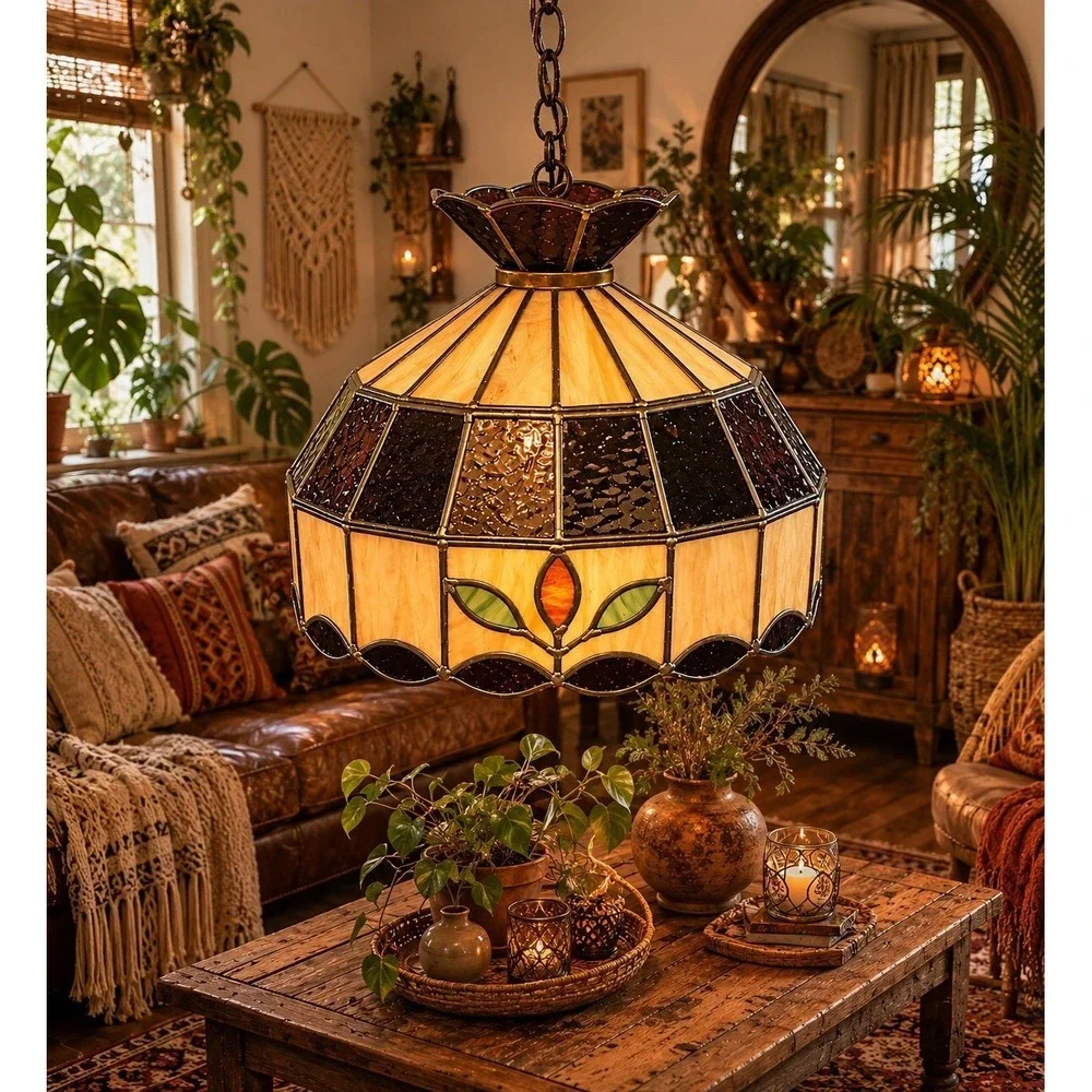 Vintage Leaded Slag Stained Glass Hanging Ceiling Light Swag Lamp